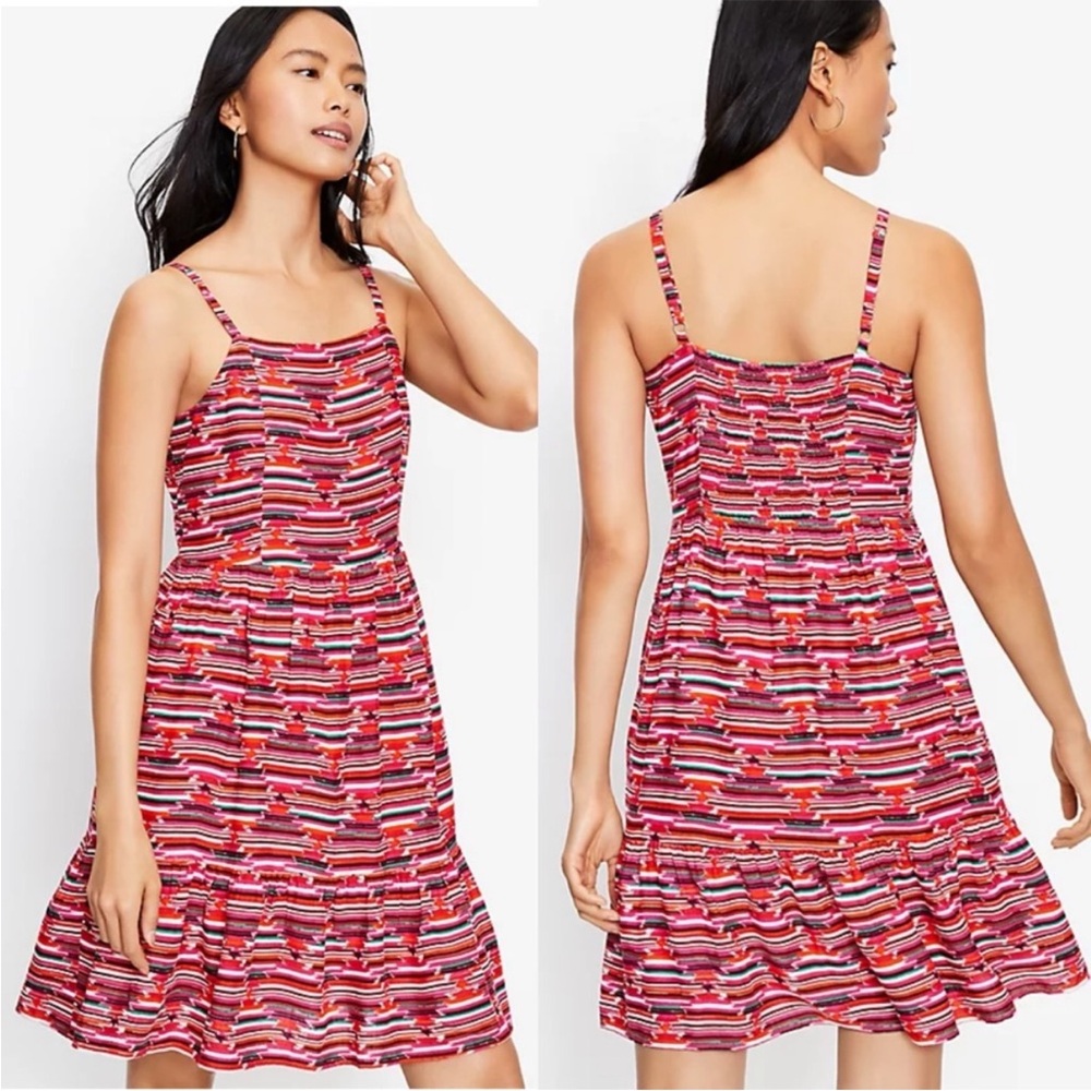 Loft - Red Print Lined Tiered Spaghetti Strap Smocked Back Dress